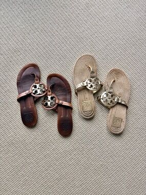 Tory Burch Miller Double Pair Logo Thong Sandals in Brown and Metallic Gold